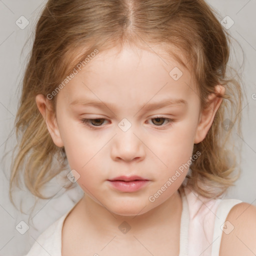 Neutral white child female with medium  brown hair and blue eyes