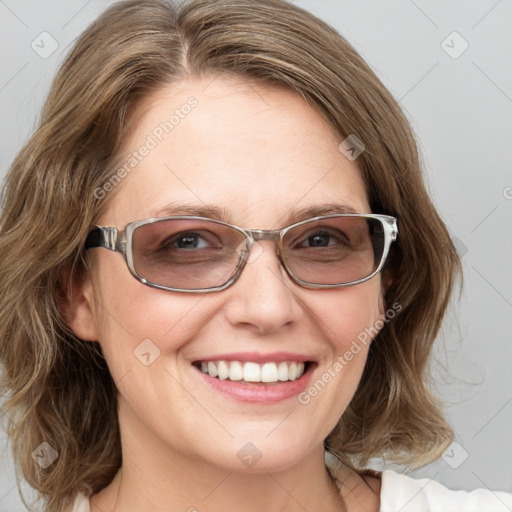 Joyful white young-adult female with medium  brown hair and blue eyes