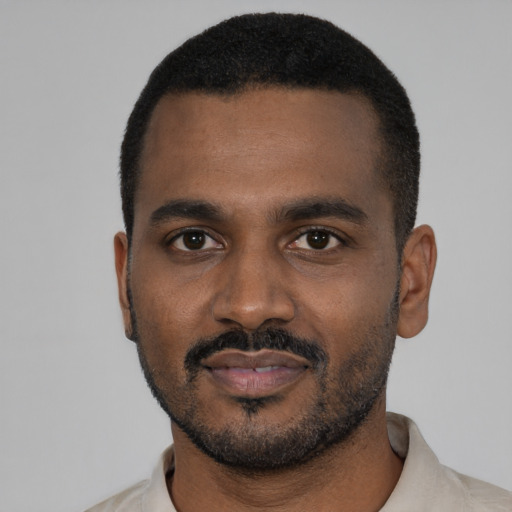 Neutral black young-adult male with short  black hair and brown eyes