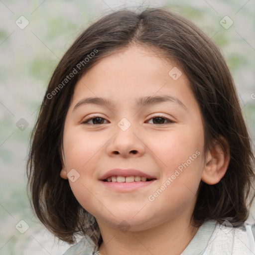 Joyful white child female with medium  brown hair and brown eyes