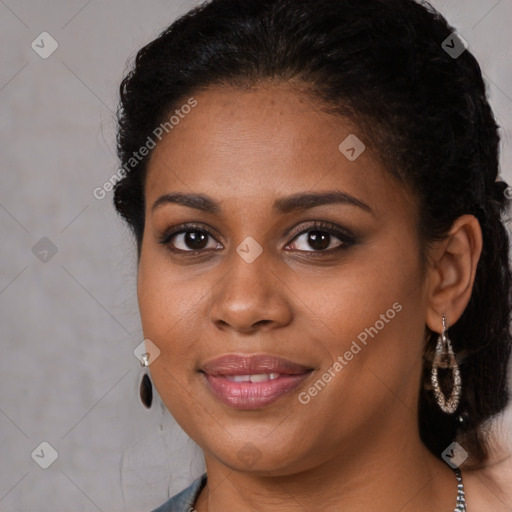 Joyful black young-adult female with medium  brown hair and brown eyes