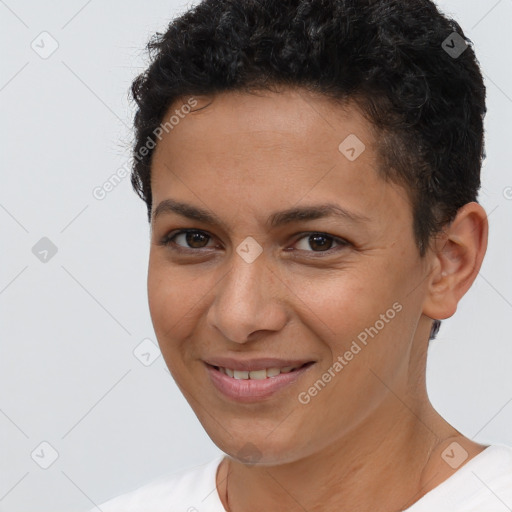 Joyful white young-adult female with short  brown hair and brown eyes