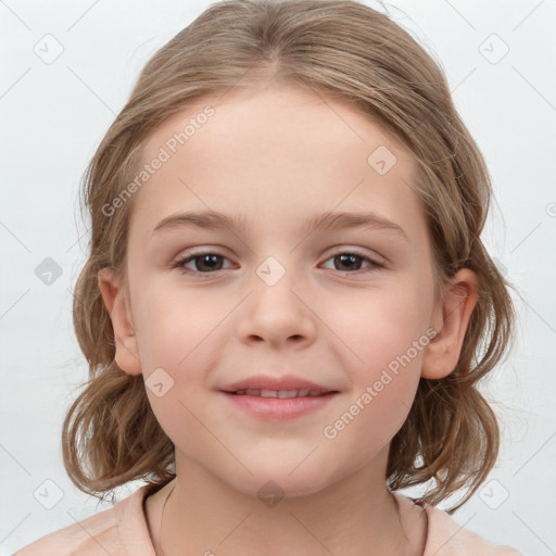 Joyful white child female with medium  brown hair and grey eyes