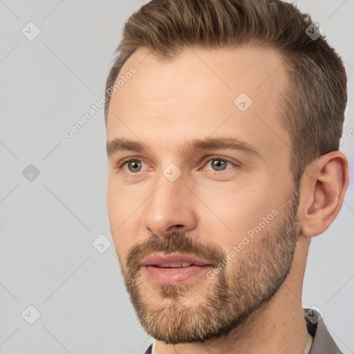 Neutral white adult male with short  brown hair and brown eyes