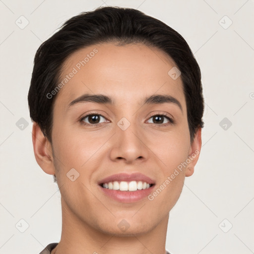 Joyful white young-adult female with short  brown hair and brown eyes