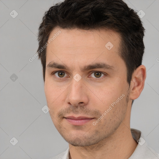 Neutral white young-adult male with short  brown hair and brown eyes