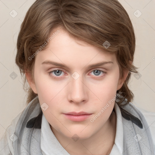 Neutral white young-adult female with medium  brown hair and grey eyes