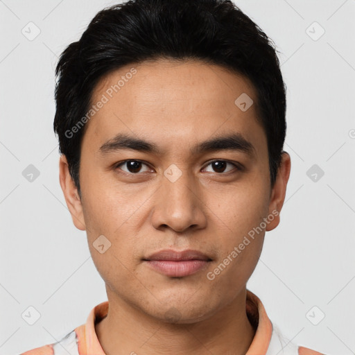 Neutral asian young-adult male with short  black hair and brown eyes