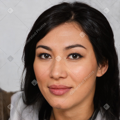 Joyful asian young-adult female with medium  black hair and brown eyes