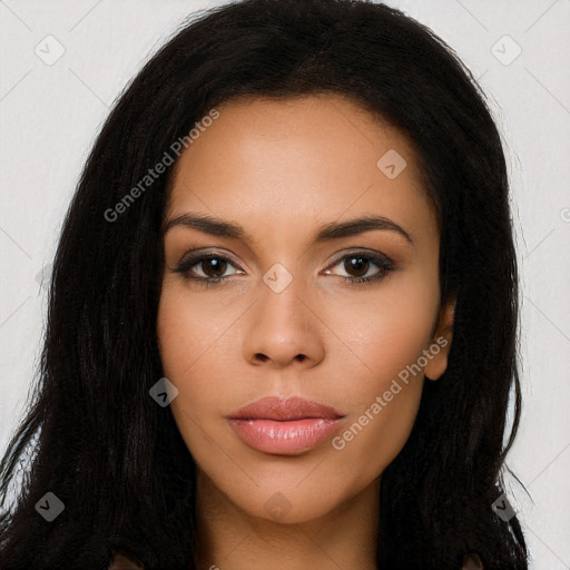 Neutral latino young-adult female with long  black hair and brown eyes