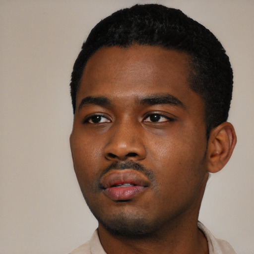 Neutral black young-adult male with short  black hair and brown eyes