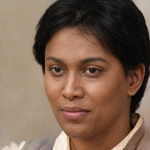 Joyful latino young-adult female with short  brown hair and brown eyes