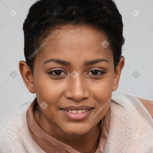 Joyful black young-adult female with short  brown hair and brown eyes