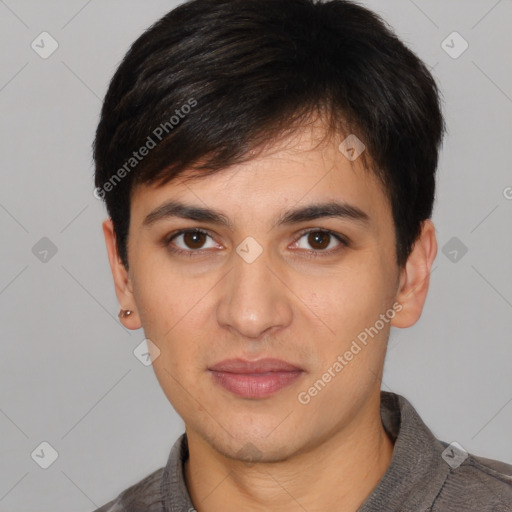 Joyful white young-adult male with short  brown hair and brown eyes