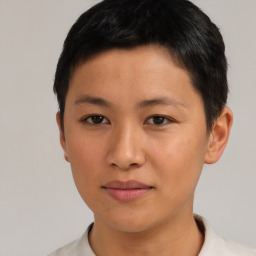 Neutral asian young-adult female with short  brown hair and brown eyes