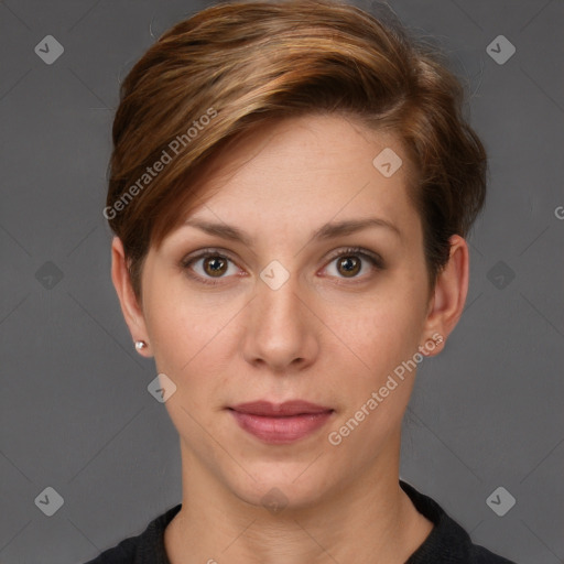 Joyful white young-adult female with short  brown hair and grey eyes