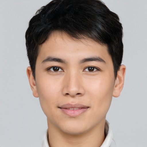 Neutral asian young-adult male with short  brown hair and brown eyes