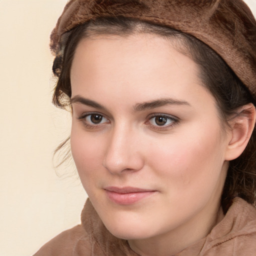 Neutral white young-adult female with medium  brown hair and brown eyes