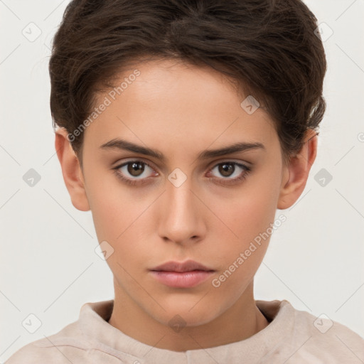 Neutral white young-adult female with short  brown hair and brown eyes