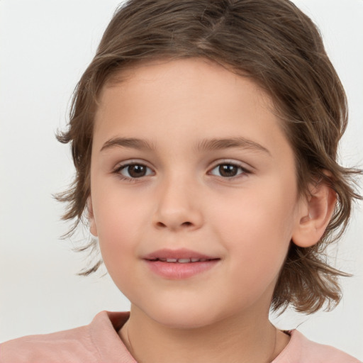 Joyful white child female with medium  brown hair and brown eyes