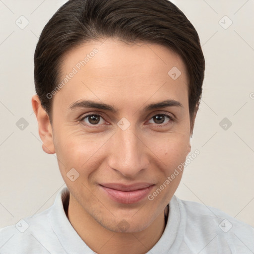 Joyful white young-adult female with short  brown hair and brown eyes