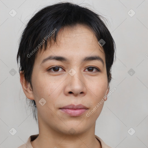 Neutral asian young-adult female with short  brown hair and brown eyes