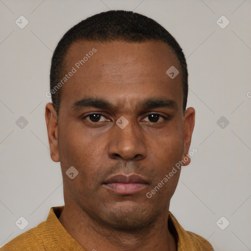 Neutral black young-adult male with short  black hair and brown eyes