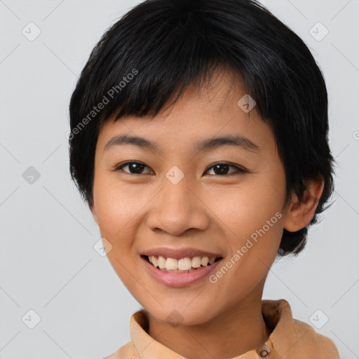 Joyful asian young-adult female with medium  black hair and brown eyes