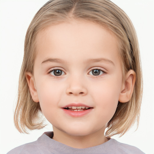 Joyful white child female with medium  brown hair and grey eyes