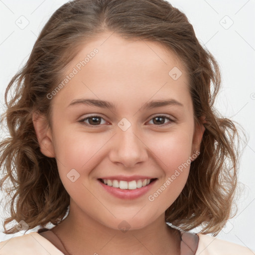 Joyful white child female with medium  brown hair and brown eyes