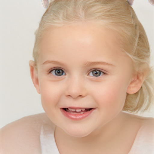 Joyful white child female with medium  blond hair and blue eyes