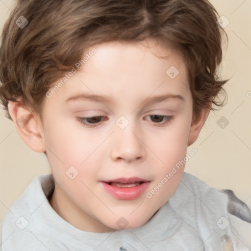 Joyful white child female with short  brown hair and brown eyes