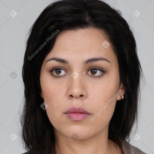 Neutral asian young-adult female with long  black hair and brown eyes