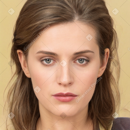 Neutral white young-adult female with medium  brown hair and grey eyes