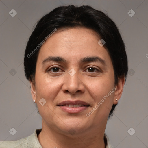 Joyful white adult female with short  brown hair and brown eyes