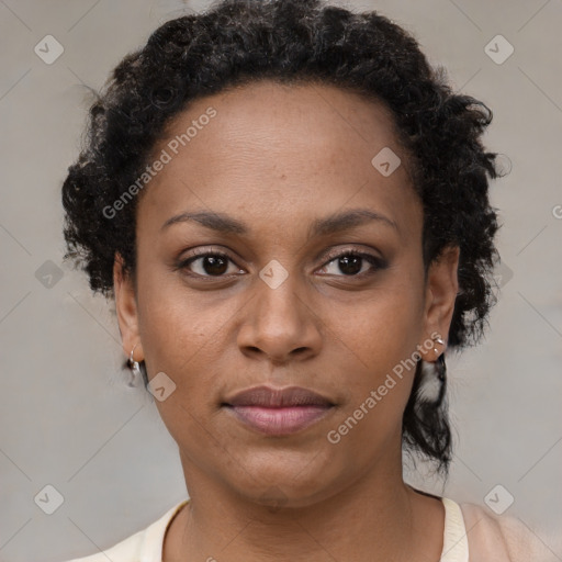 Neutral black young-adult female with short  brown hair and brown eyes