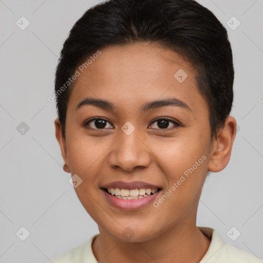 Joyful asian young-adult female with short  brown hair and brown eyes