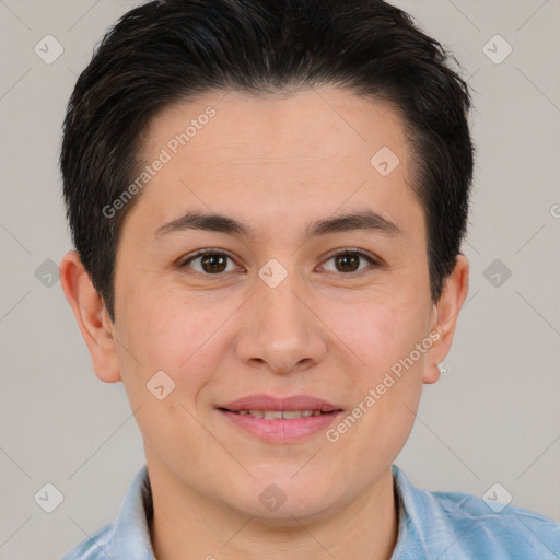 Joyful white young-adult female with short  brown hair and brown eyes