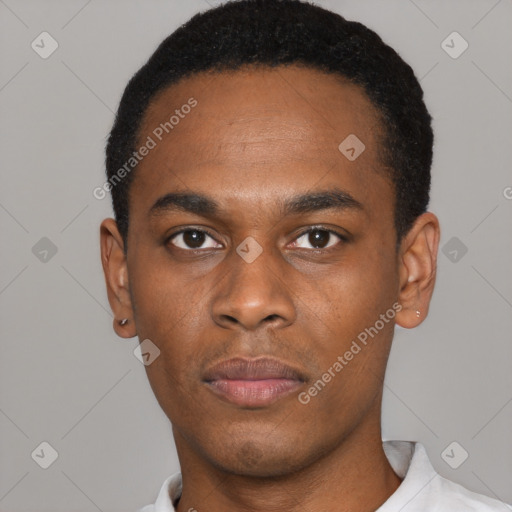 Neutral black young-adult male with short  black hair and brown eyes