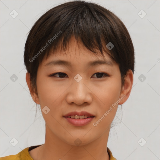 Joyful asian young-adult female with short  brown hair and brown eyes