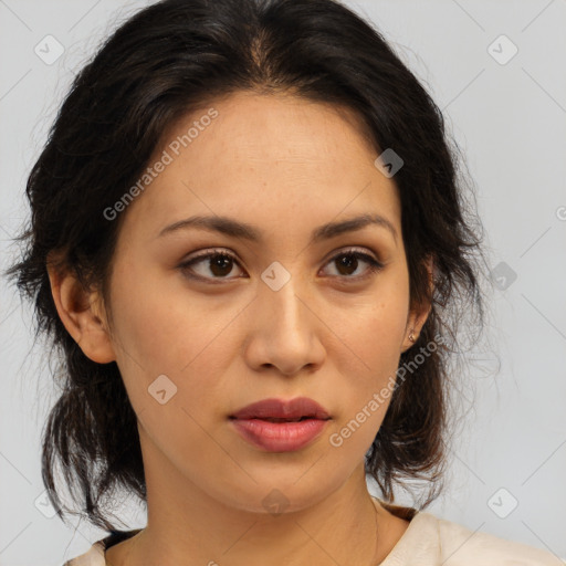 Neutral asian young-adult female with medium  brown hair and brown eyes