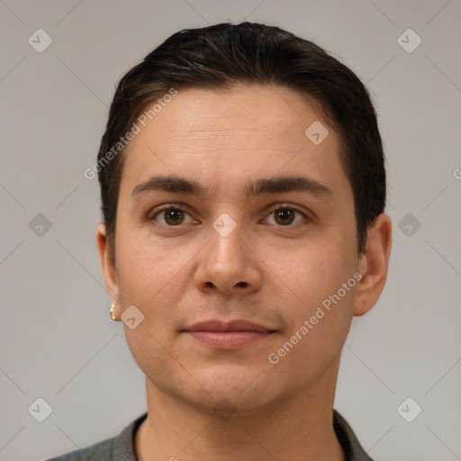 Neutral white young-adult male with short  brown hair and brown eyes