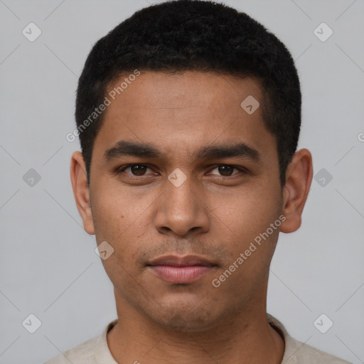 Neutral white young-adult male with short  black hair and brown eyes