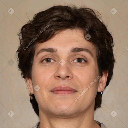 Joyful white adult male with medium  brown hair and brown eyes