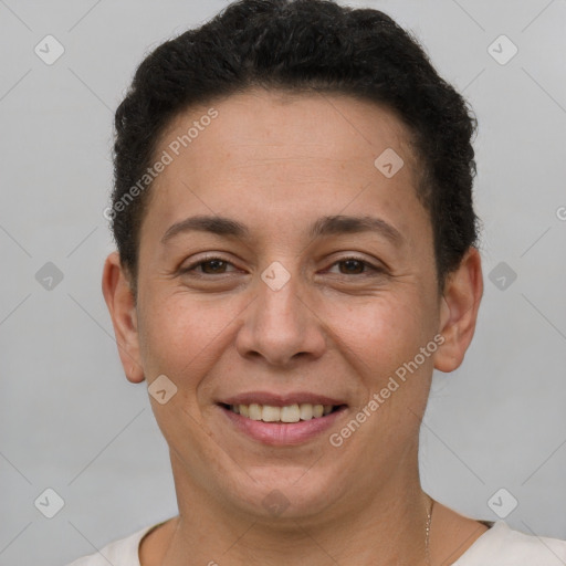 Joyful white adult female with short  brown hair and brown eyes