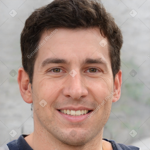 Joyful white adult male with short  brown hair and grey eyes