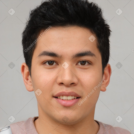 Joyful asian young-adult male with short  brown hair and brown eyes