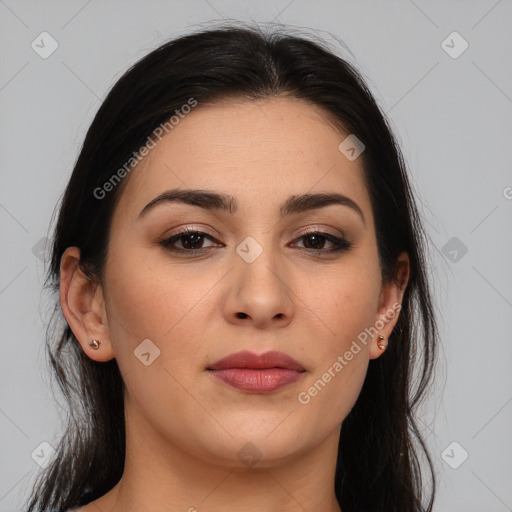 Joyful white young-adult female with medium  brown hair and brown eyes