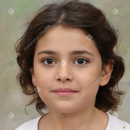 Joyful white child female with medium  brown hair and brown eyes