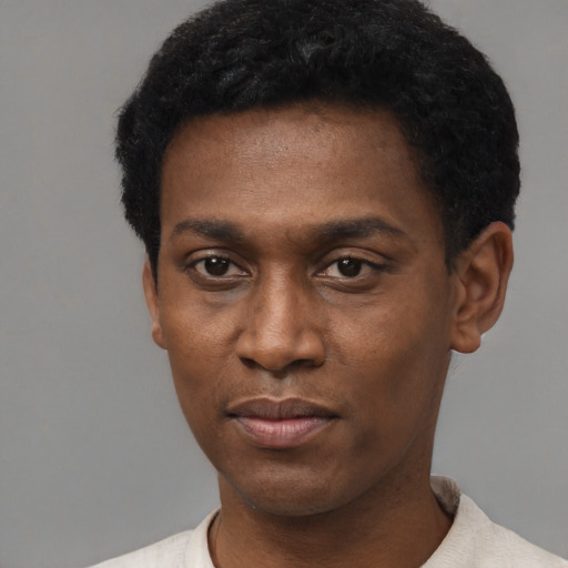 Joyful black young-adult male with short  black hair and brown eyes